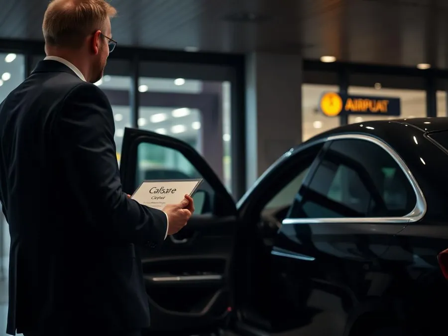 Chauffeur in a dark suit holding a name board beside an executive car at airport arrivals