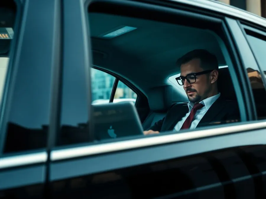 Business traveller working on a laptop in the rear seat of a luxury saloon